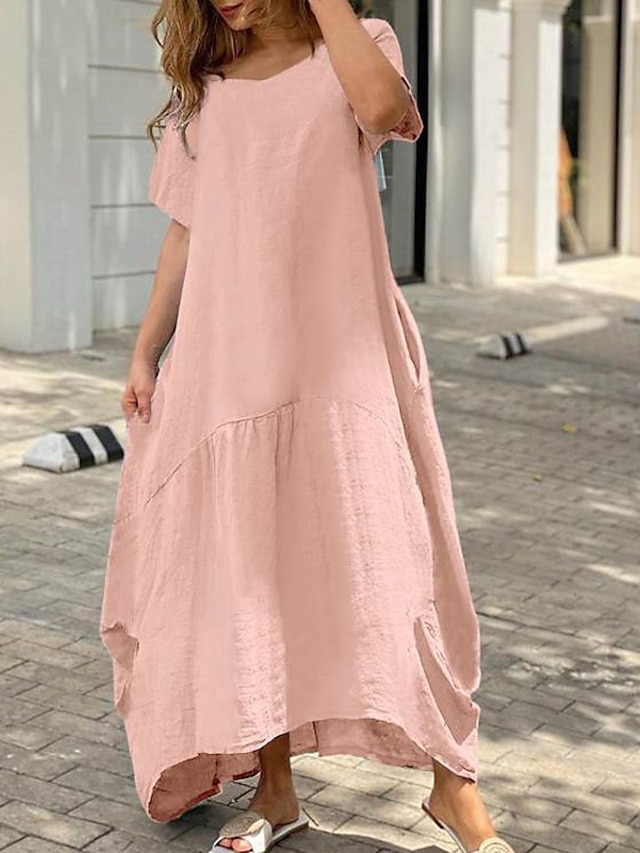 Womens Clothing Womens Dresses | Womens A Line Dress Maxi long Dress White Black Pink Yellow Short Sleeve Pure Color Pocket Spri