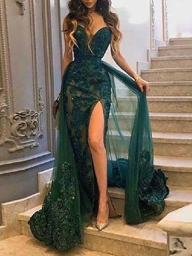  Mermaid Prom Dresses Emerald Green Dress Red Green Dress Wedding Guest Court Train Sleeveless Strapless Tulle with Slit Appliques 2024