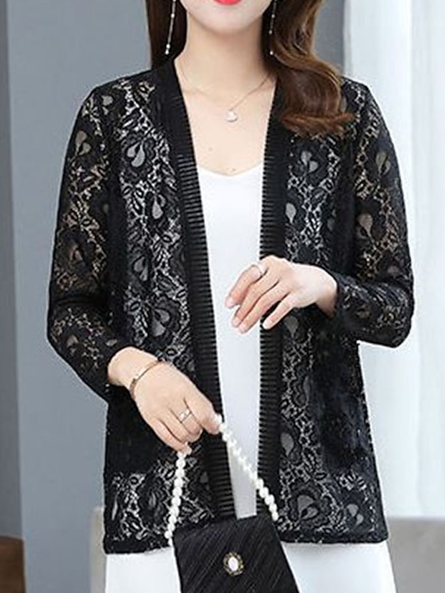 Women's Cardigan Sweater Jumper Knit Embroidered Lace Trims Pure Color ...
