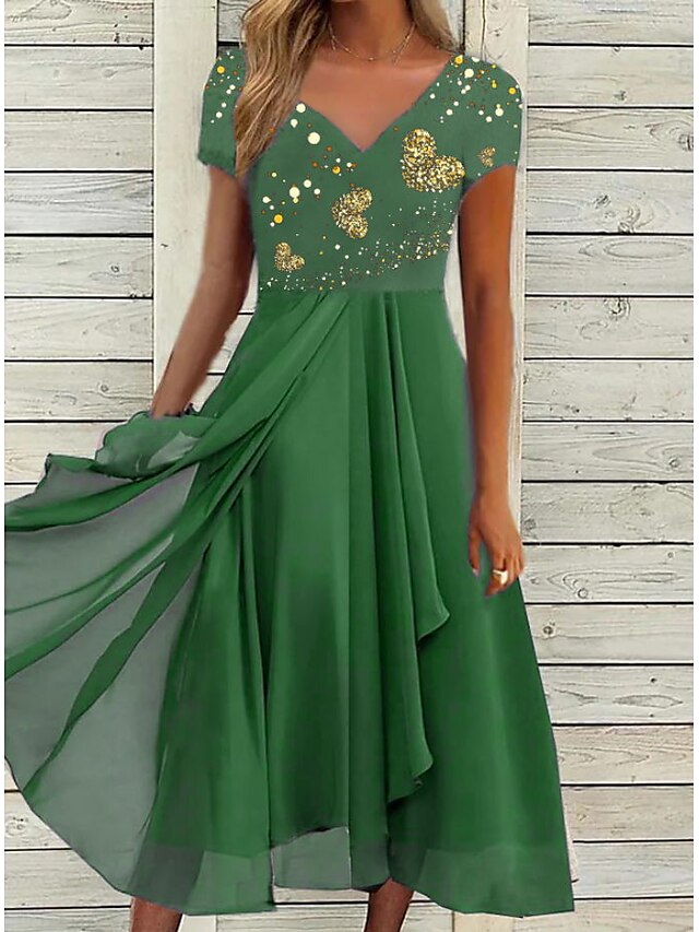 Womens Clothing Womens Dresses | Womens A Line Dress Midi Dress Green Short Sleeve Print Print Spring Summer V Neck Stylish Roma