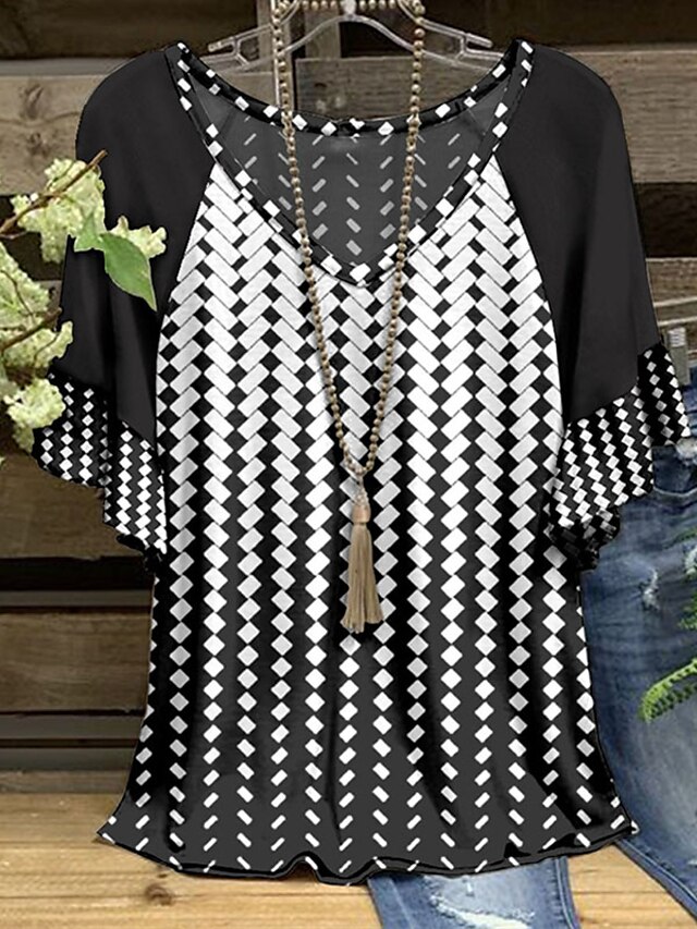 Womens Clothing Plus Size Collection | Womens Plus Size Tops Blouse Shirt Striped Houndstooth Ruffle Print Half Sleeve V Neck St