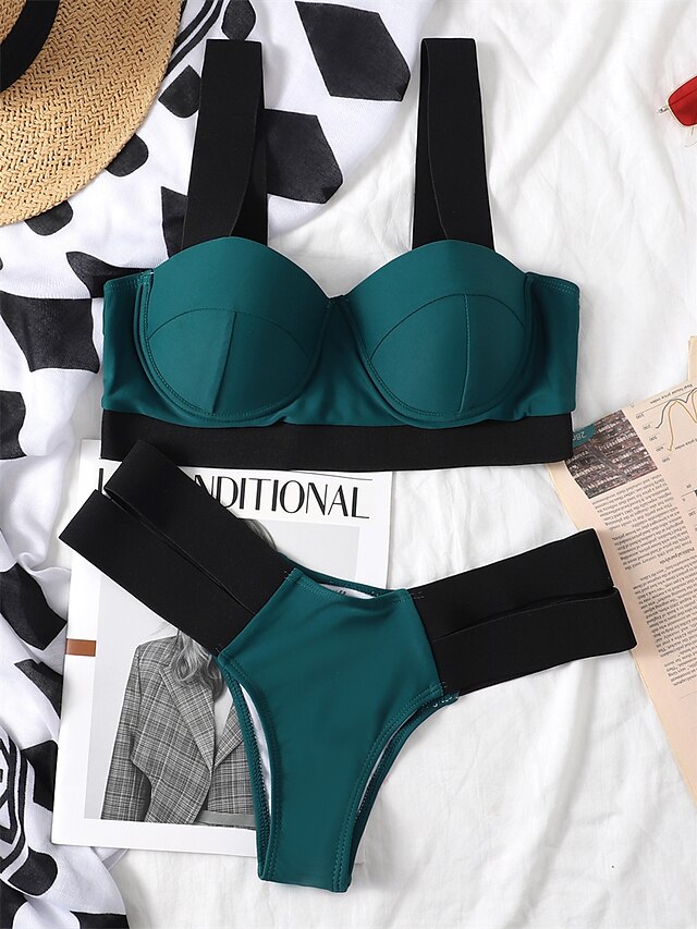 Womens Clothing Womens Swimwear | Womens Swimwear Bikini 2 Piece Normal Swimsuit Backless Hole Color Block Green Black Yellow Fu