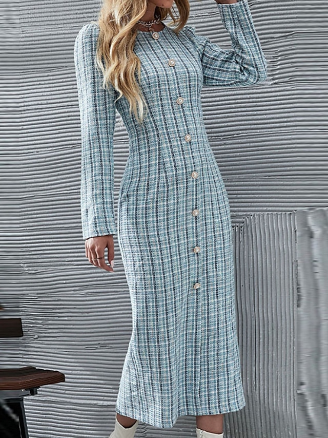 Womens Clothing Womens Dresses | Womens Bodycon Midi Dress Light Blue Long Sleeve Plaid Button Print Spring Summer Crew Neck Wor