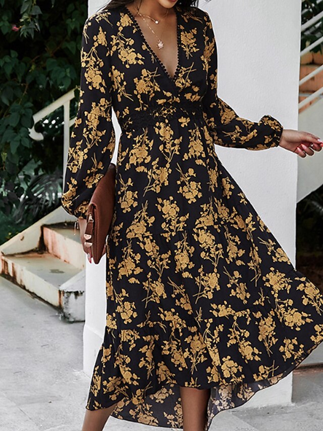 Womens Clothing Womens Dresses | Womens Swing Dress Midi Dress Black Long Sleeve Floral Print Spring Summer V Neck Stylish Moder