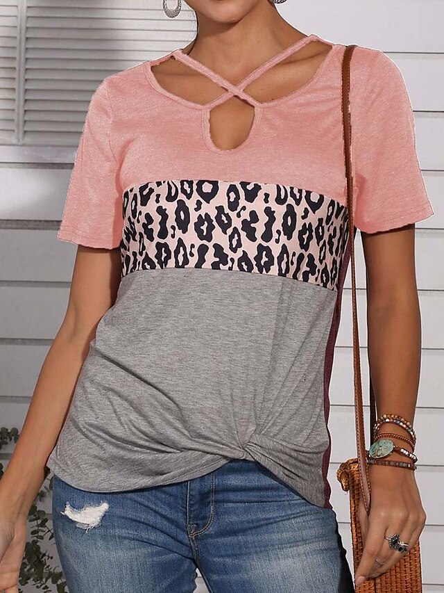 Womens Clothing Womens Tops | Womens Casual Weekend Painting T shirt Tee Color Block Leopard Short Sleeve Print V Neck Basic Top