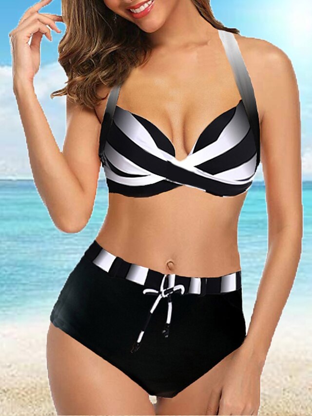 Womens Clothing Womens Swimwear | Womens Swimwear Bikini 2 Piece Plus Size Swimsuit Slim for Big Busts Plain Multi Color Black C