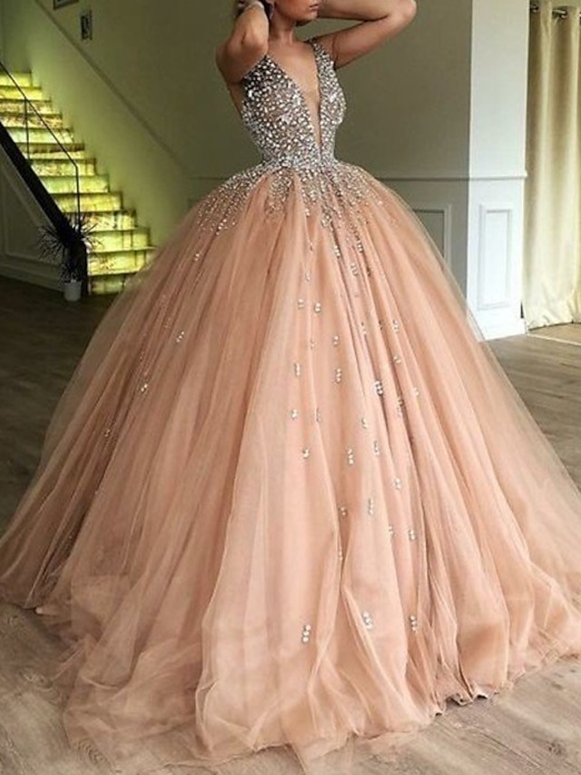  Ball Gown Evening Gown Sparkle & Shine Dress Quinceanera Prom Floor Length Sleeveless V Neck Satin with Crystals Sequin 2024