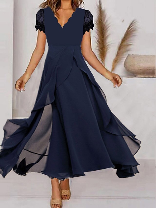 Women's Party Dress Long Dress Maxi Dress Navy Blue Short Sleeve Pure ...