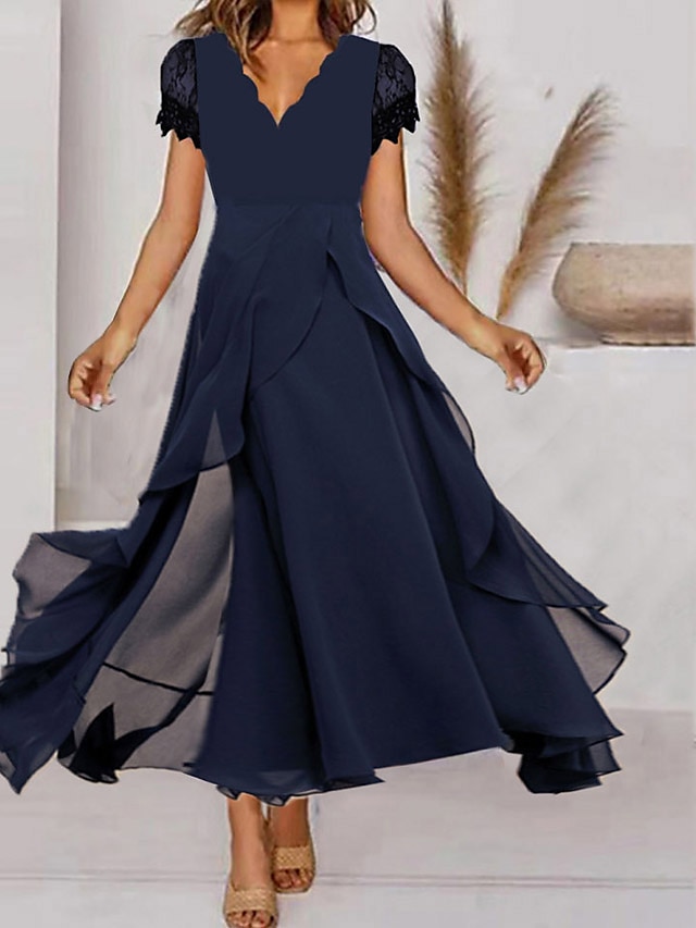 Womens Clothing Womens Dresses | Womens A Line Dress Maxi long Dress Navy Blue Short Sleeve Solid Color Ruched Spring Summer V N