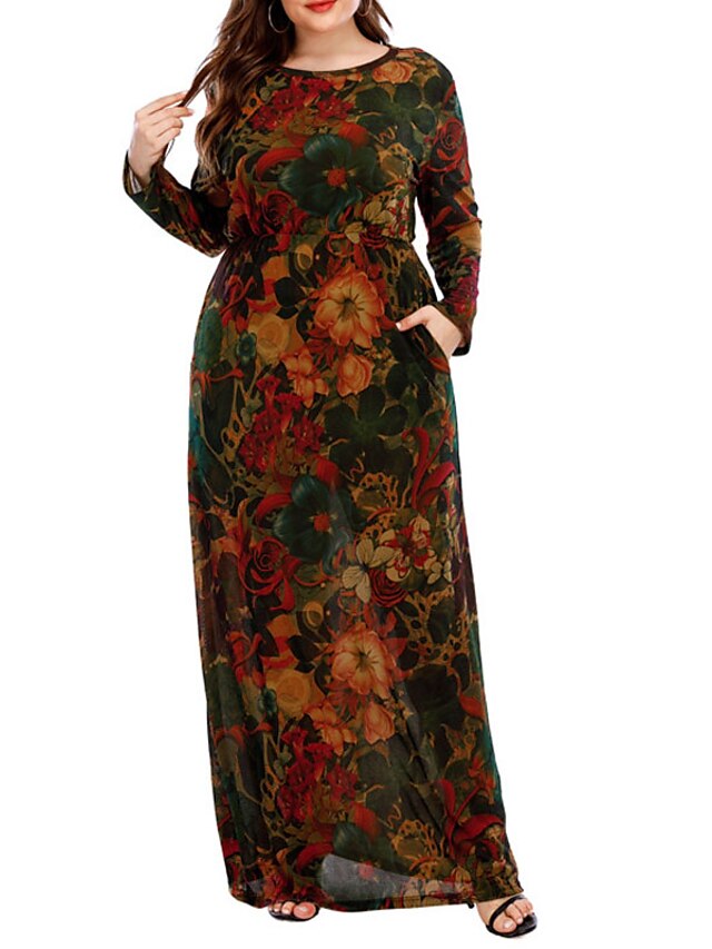 Womens Clothing Plus Size Collection | Womens Plus Size Sheath Dress Floral Round Neck Long Sleeve Spring Summer Casual Maxi lon