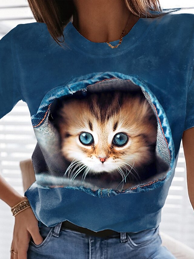 Women’s T shirt Tee Black Blue Light Blue Graphic Cat Print Short