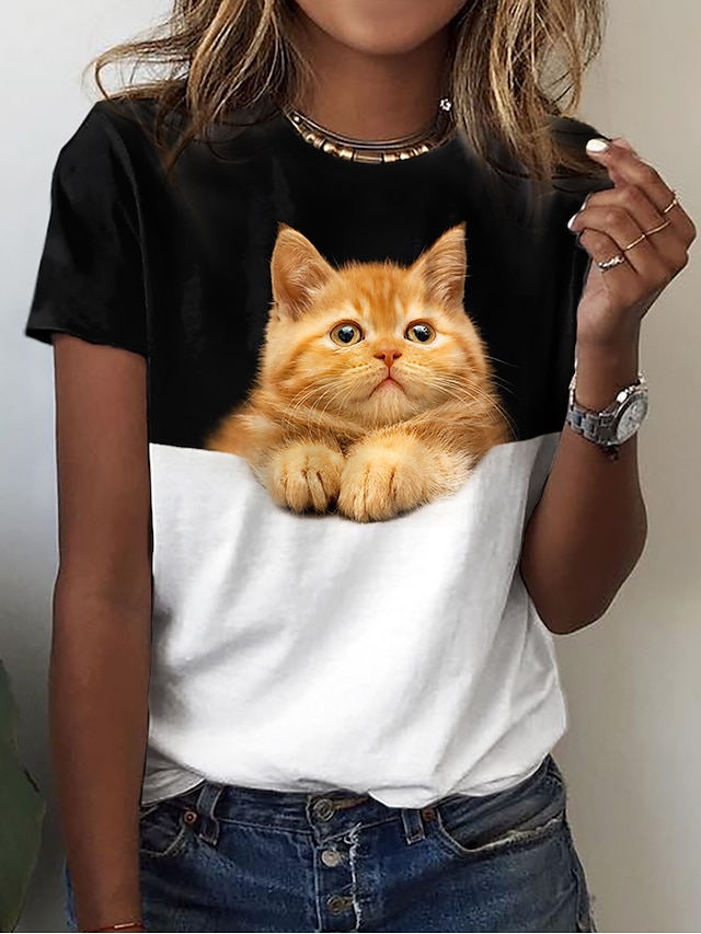  Women's T shirt Tee Black Print Cat 3D Casual Weekend Short Sleeve Round Neck Basic Regular 3D Cat Painting S / 3D Print