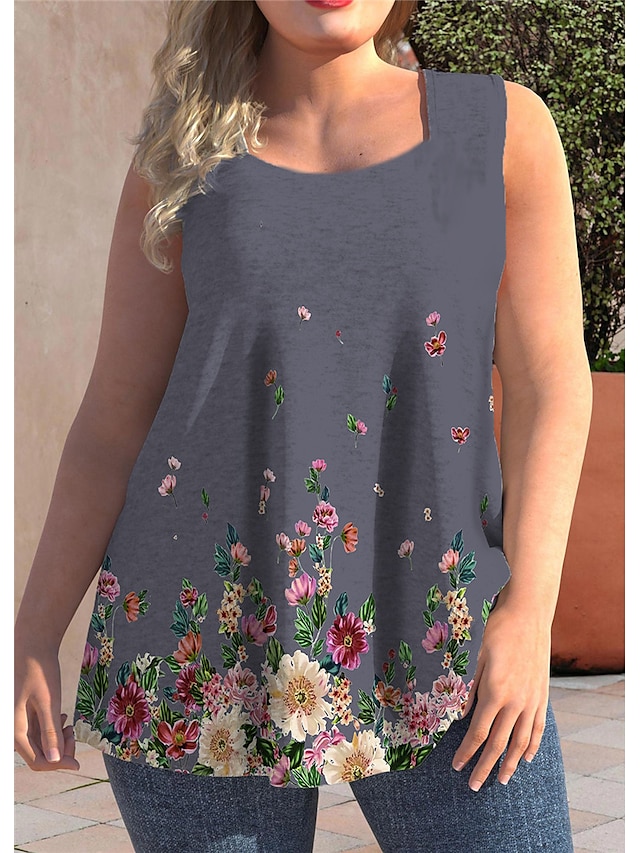 Womens Clothing Plus Size Collection | Womens Plus Size Tops Tank Top Floral Print Sleeveless Strap Streetwear Preppy Daily Goin