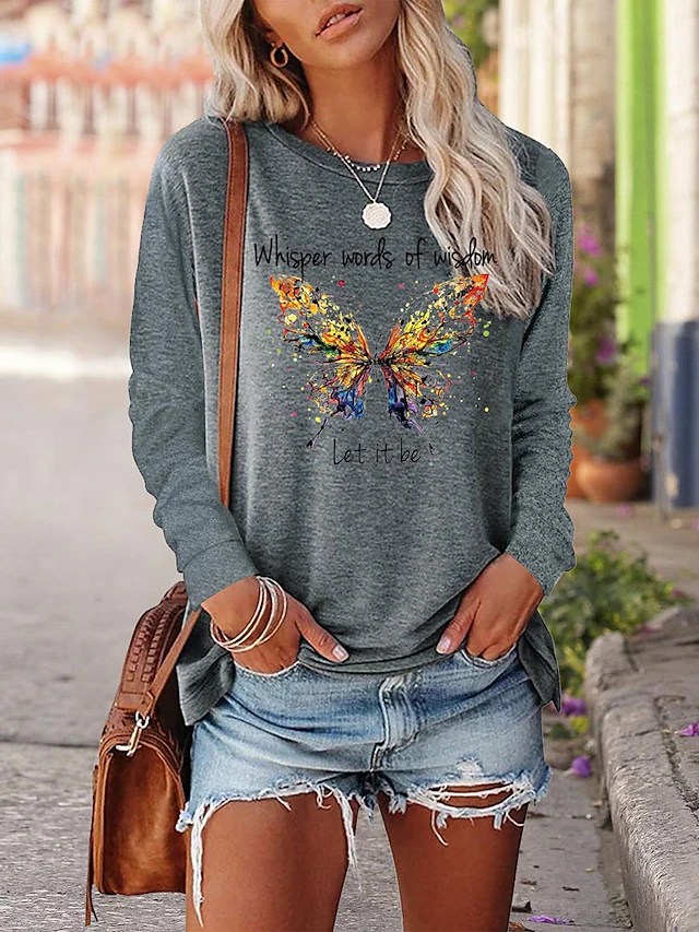 Women's T shirt Long Sleeve Tee Black Pink Blue Butterfly Letter Print Long Sleeve Casual Hawaiian Round Neck Long Loose Fit Butterfly S Prefall 7