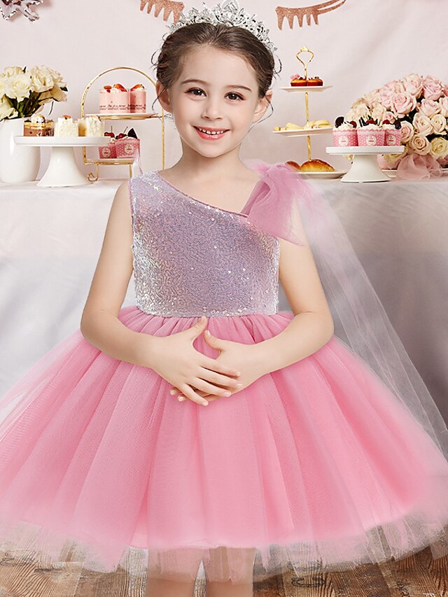 Baby & Kids Girls Clothing | Kids Little Girls Dress Sequin A Line Dress Party Performance Mesh Sparkle Bow Pink Above Knee Slee