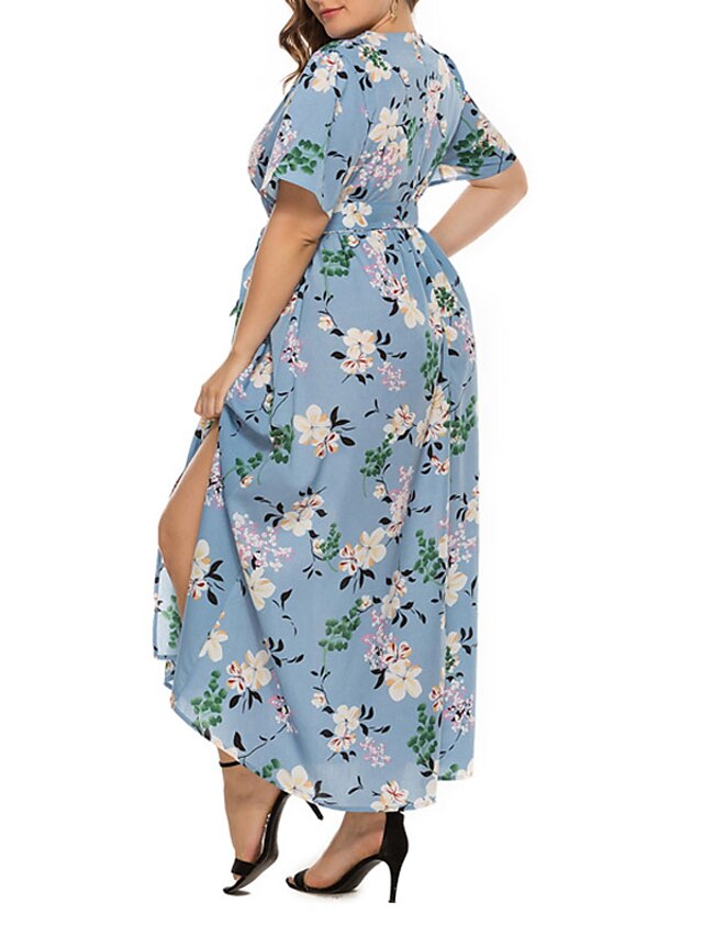 Womens Clothing Plus Size Collection | Womens Plus Size A Line Dress Floral V Neck Split Short Sleeve Spring Summer Casual Maxi 