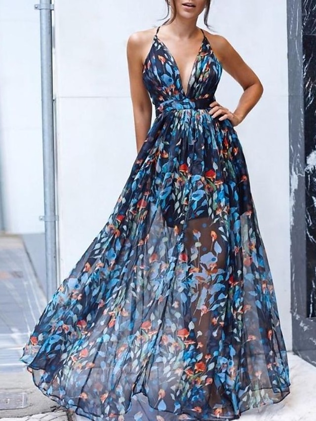 Womens Clothing Womens Dresses | Womens Sundress Maxi long Dress Blue Sleeveless Floral Print Summer V Neck Vacation Sexy 2022 S