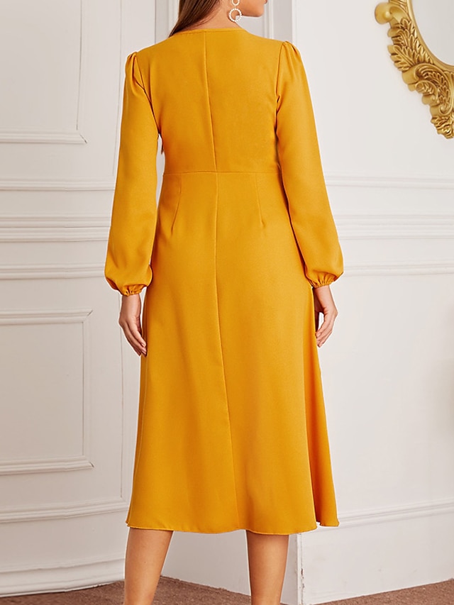 Womens Clothing Womens Dresses | Womens A Line Dress Midi Dress Yellow Long Sleeve Pure Color Ruffle Button Spring Summer V Neck