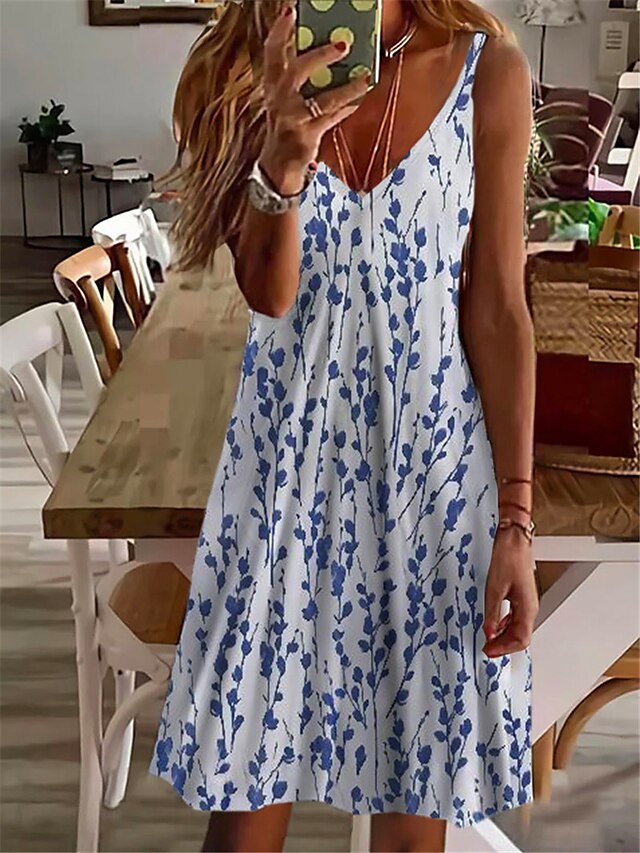 Womens Clothing Womens Dresses | Womens Shift Dress Short Mini Dress Blue Sleeveless Floral Print Spring Summer Spaghetti Strap 