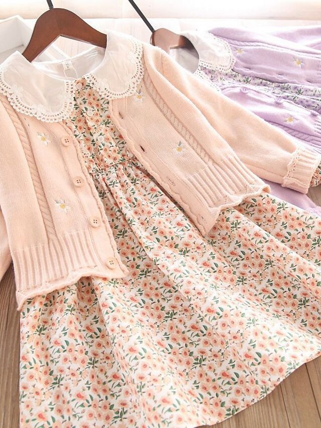 Baby & Kids Girls Clothing | Kids Girls Dress Set Clothing Set 2 Pieces Long Sleeve Purple Pink Floral Print Ruched Print School