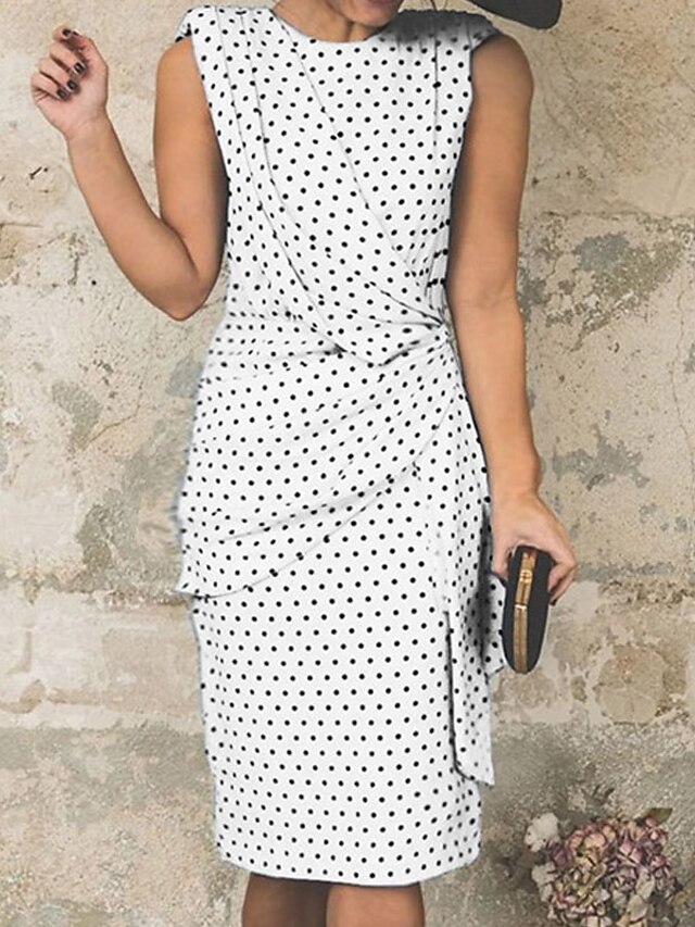 Womens Clothing Plus Size Collection | Womens Plus Size Sheath Dress Polka Dot Round Neck Sleeveless Spring Summer Work Vintage 