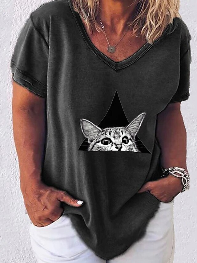 Womens Clothing Plus Size Collection | Womens Plus Size Tops T shirt Tee Cat Animal Print Short Sleeve V Neck Streetwear Daily G