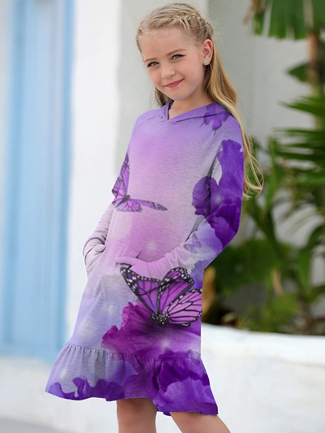 Baby & Kids Girls Clothing | Kids Little Girls Dress Butterfly Animal A Line Dress Daily Holiday Vacation Ruffle Print Purple Ab