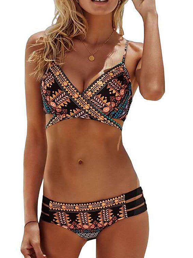 Womens Clothing Womens Swimwear | Womens Swimwear Bikini 2 Piece Normal Swimsuit Backless Printing string Hole Geometic Brown V 