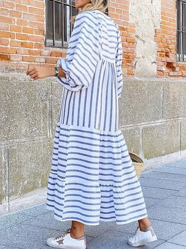 Womens Clothing Womens Dresses | Womens A Line Dress Maxi long Dress White Long Sleeve Striped Ruched Print Spring Summer V Neck