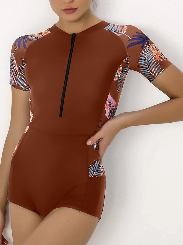 Womens Clothing Womens Swimwear | Womens Swimwear Rash Guard Diving Normal Swimsuit Tummy Control Zipper Print Leaf Coffee High 