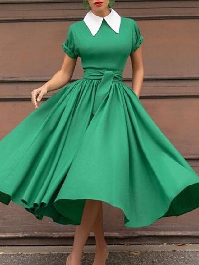 Womens Clothing Womens Dresses | Womens A Line Dress Midi Dress Green Short Sleeve Pure Color Pocket Spring Summer Shirt Collar 