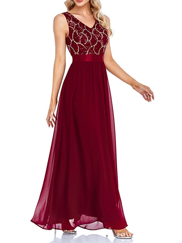 Womens Clothing Womens Dresses | Womens Party Dress Maxi long Dress Wine Sleeveless Solid Color Sequins Spring Summer V Neck Par