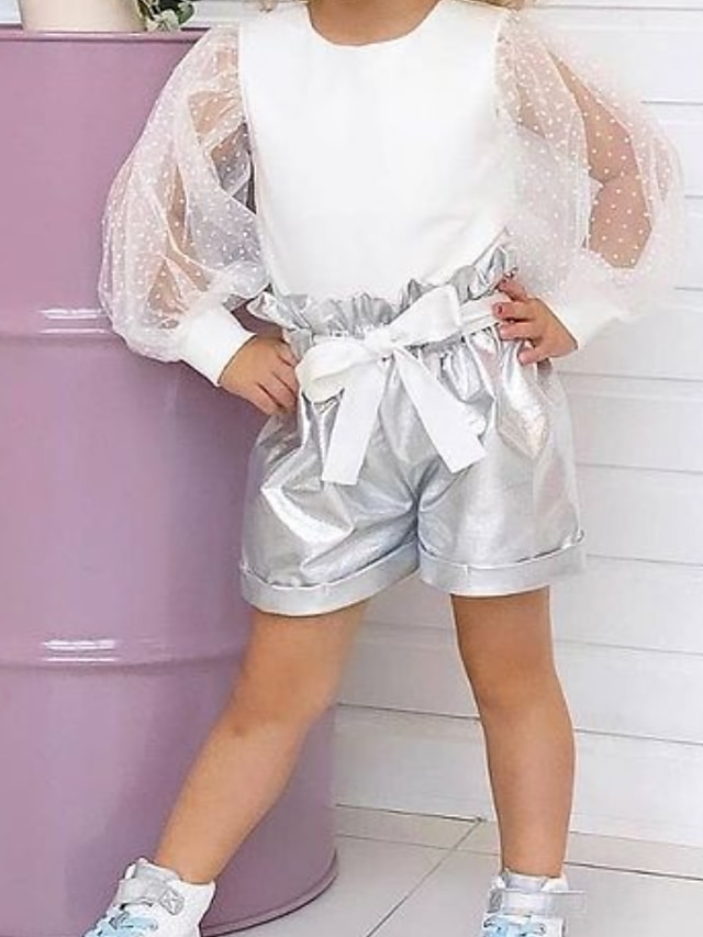 Baby & Kids Girls Clothing | Kids Girls T-shirt & Shorts Clothing Set 2 Pieces Long Sleeve White Beige Solid Color Ruched Bow St