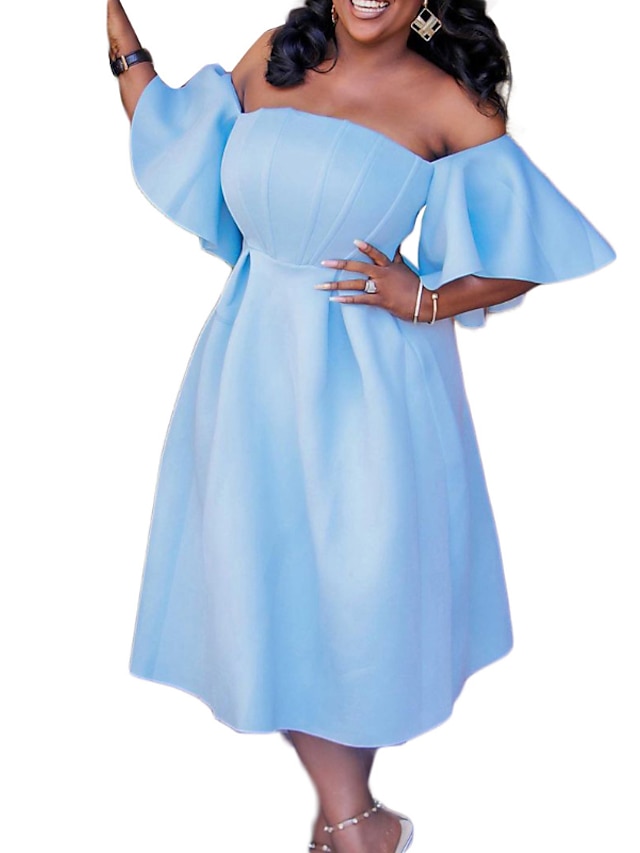 Womens Clothing Plus Size Collection | Womens Plus Size Party Dress Solid Color Off Shoulder Half Sleeve Spring Summer Prom Dres