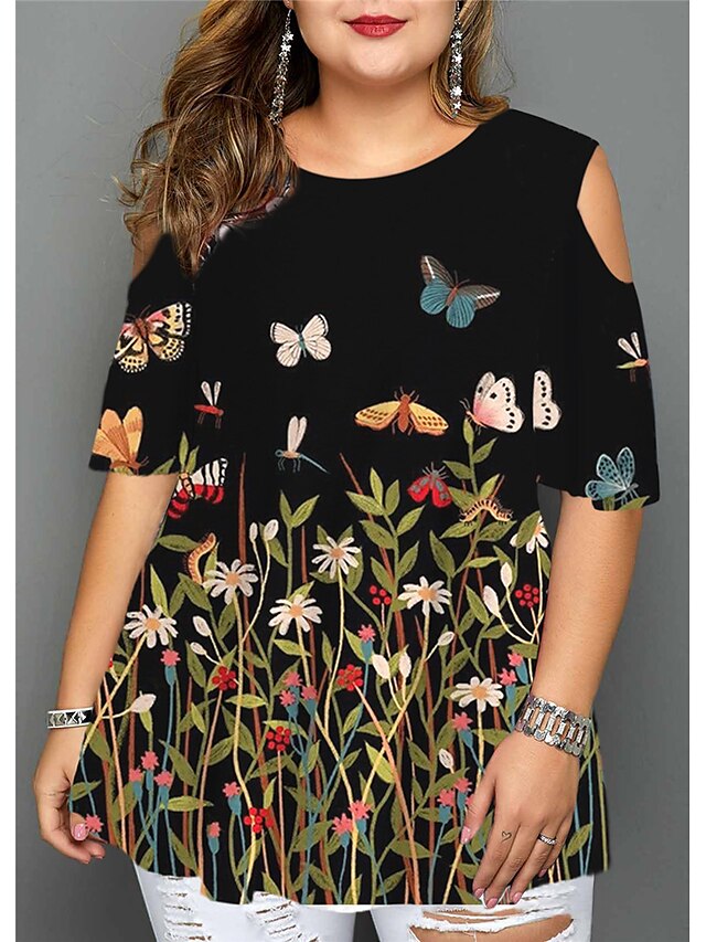 Womens Clothing Plus Size Collection | Womens Plus Size Tops Blouse Shirt Floral Butterfly Cut Out Print Half Sleeve Crewneck St