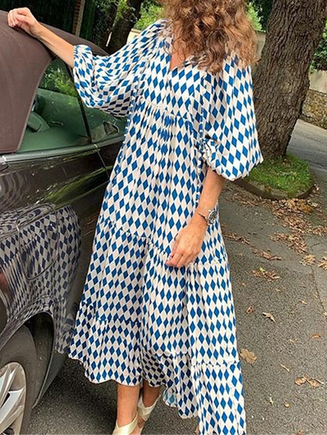 Womens Clothing Womens Dresses | Womens Swing Dress Maxi long Dress Blue Red Brown 3/4 Length Sleeve Geometric Print Spring Summ