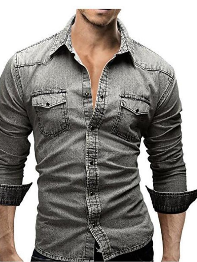  Voor heren Denim overhemd Lichtgrijs Donkergrijs Licht Blauw Lange mouw Effen Strijkijzer Vakantie Casual Button-omlaag Kleding Polyester Modieus Casual Ademend Comfortabel