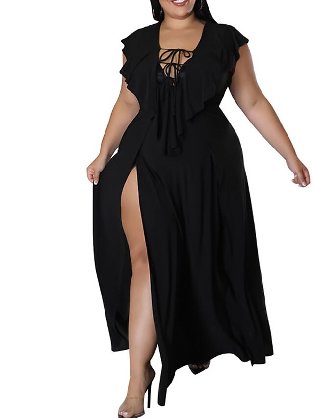 Womens Clothing Plus Size Collection | Womens Plus Size Swing Dress Solid Color V Neck Split Sleeveless Spring Summer Casual Max