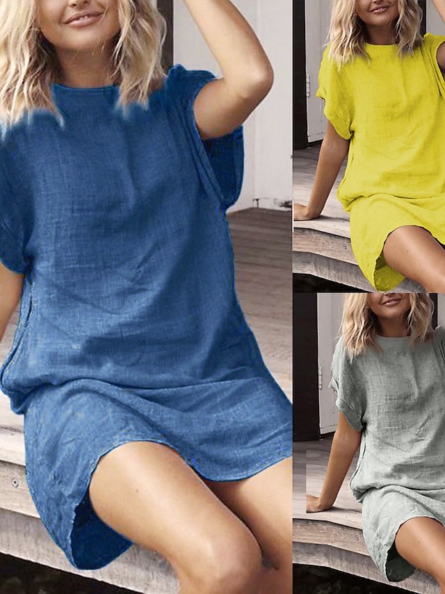 Womens Clothing Womens Sleep & Lounge | Womens Pajamas Nightgown Pure Color Comfort Home Linen Crew Neck Short Sleeve Spring Sum