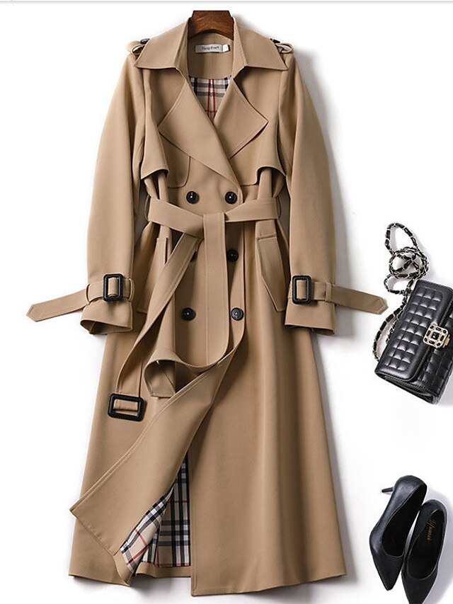  Women's Trench Coat Lace up Patchwork Long Coat Black Blue Camel Beige Daily Single Breasted Fall Regular Fit S M L XL XXL 3XL / Winter