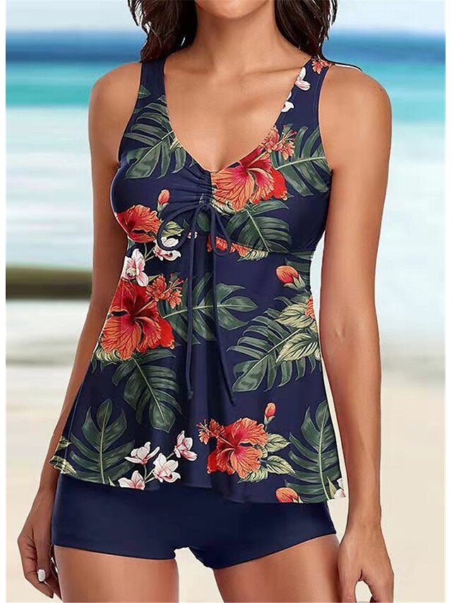 Womens Clothing Womens Swimwear | Womens Swimwear Tankini 2 Piece Plus Size Swimsuit Open Back Printing Floral Leaves Navy Blue 
