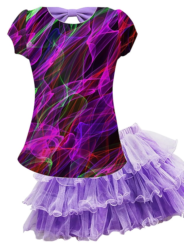 Baby & Kids Girls Clothing | Kids Girls T-shirt & Skirt Skirt Set Clothing Set 2 Pieces Short Sleeve Purple Gradient Ramp Mesh B