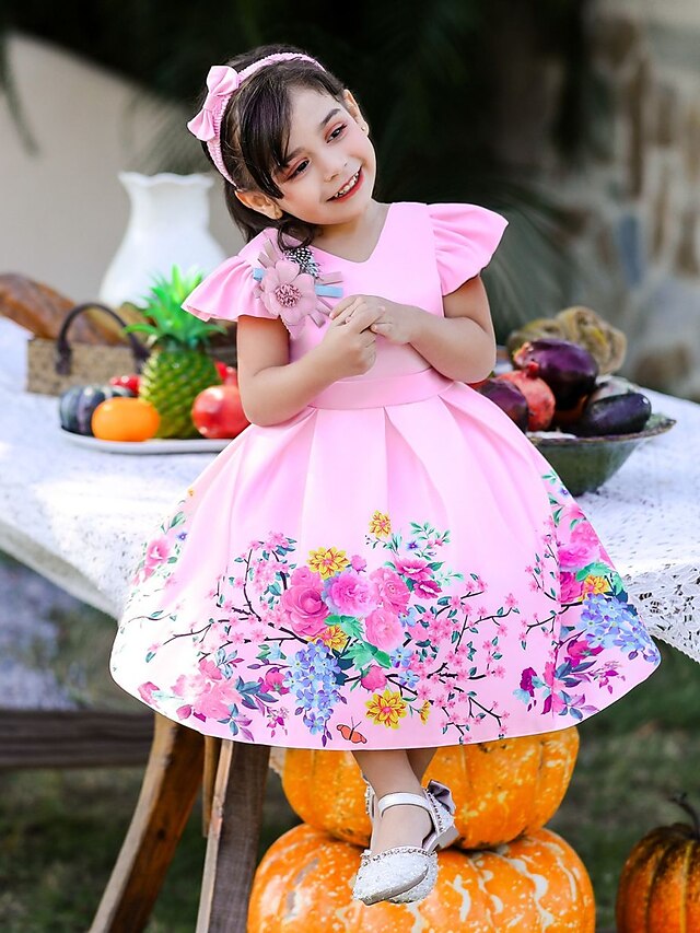 Baby & Kids Girls Clothing | Toddler Little Girls Dress Flower Skater Dress Party Performance Bow Print Pink Knee-length Short S