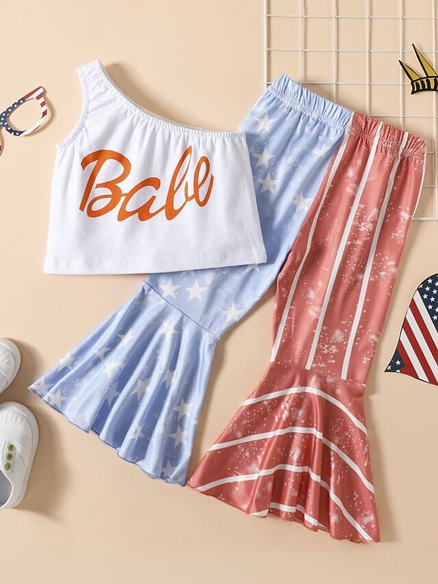 Baby & Kids Girls Clothing | Kids Girls Tank & Pants Clothing Set 2 Pieces Sleeveless White Stripe Letter Print Vacation Casual 