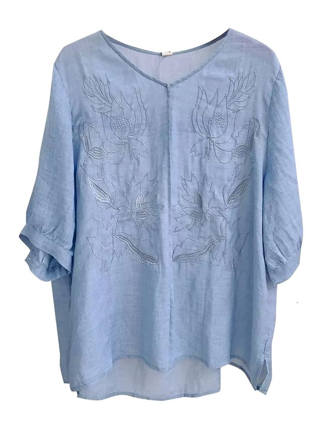 Womens Clothing Plus Size Collection | Womens Plus Size Tops Blouse Shirt Floral Embroidered Asymmetric Half Sleeve V Neck Basic