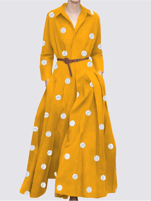 Womens Clothing Womens Dresses | Womens A Line Dress Maxi long Dress White Black Yellow Long Sleeve Polka Dot Pocket Button Prin