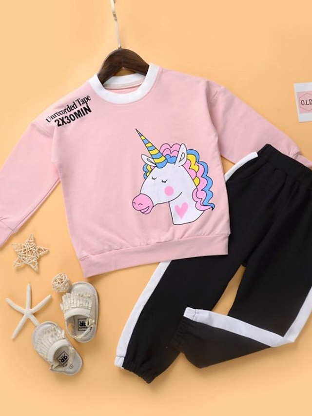 Baby & Kids Girls Clothing | Kids Girls Hoodie & Pants Clothing Set 2 Pieces Long Sleeve Pink Unicorn Print Street Outdoor Activ