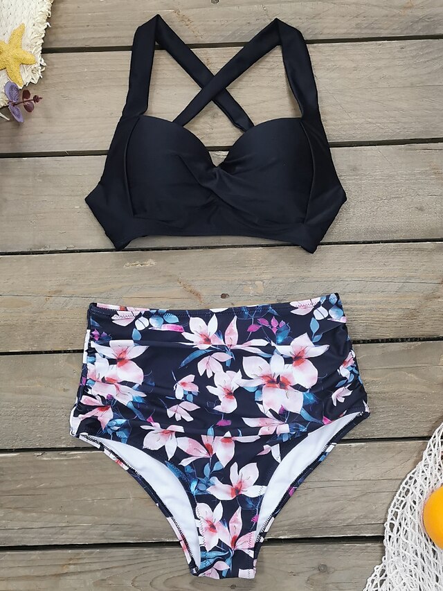 Womens Clothing Womens Swimwear | Womens Swimwear Bikini 2 Piece Normal Swimsuit Backless Printing High Waisted fold over Flower