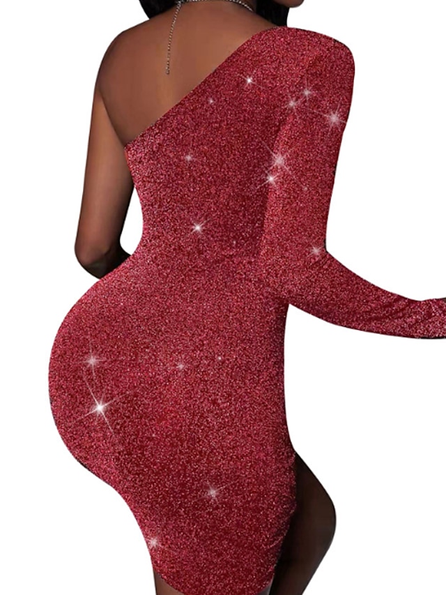 Womens Clothing Womens Dresses | Womens Sheath Dress Short Mini Dress Black Wine Fuchsia Gold Long Sleeve Pure Color Sequins Col