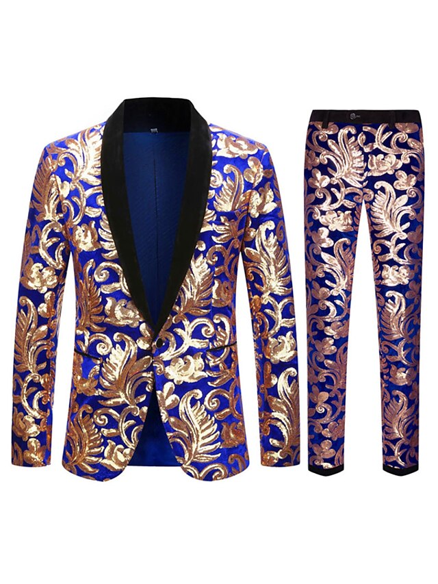 Blue Men's Party Prom Disco Sparkly Sequin Tuxedos 2 Piece Floral Shawl ...